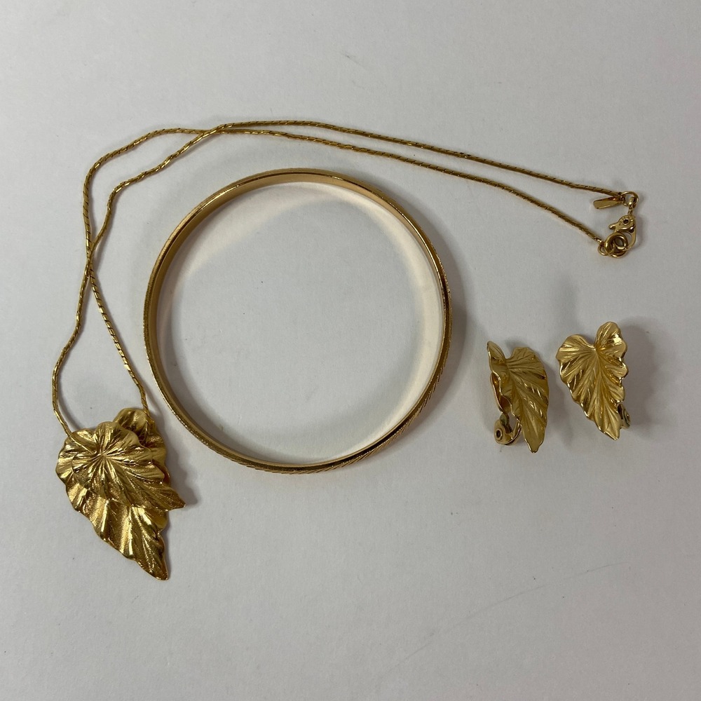 Vintage Monet Gold Tone Leaf Necklace Clip-On Earrings and Bangle Bracelet Set